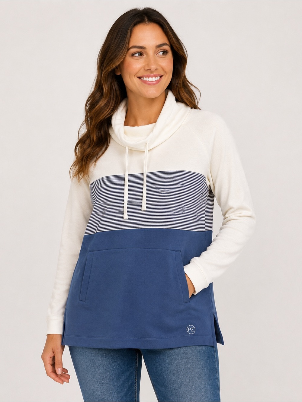 Point Zero Color Block Cowl Neck Pullover Sweatshirt Blue White Size Large